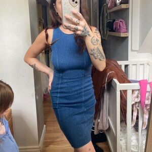 ‘denim’ stretchy body con dress with back cut-out